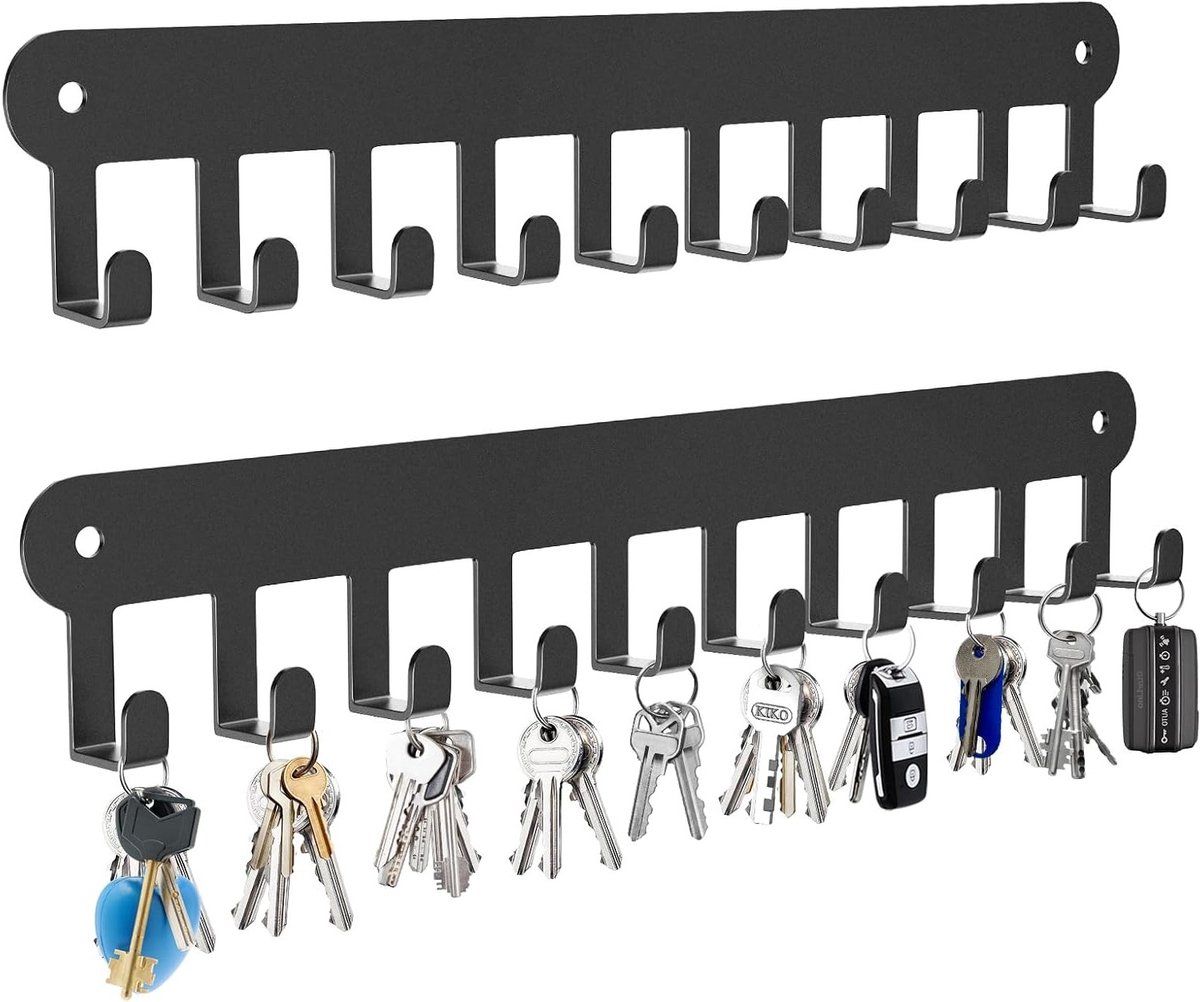 SnelShoppen - 2 stuks wand sleutelhouders voor thuis met 10 haken, zonder boren, voor het ophangen van sleutels in de entree (zwart)