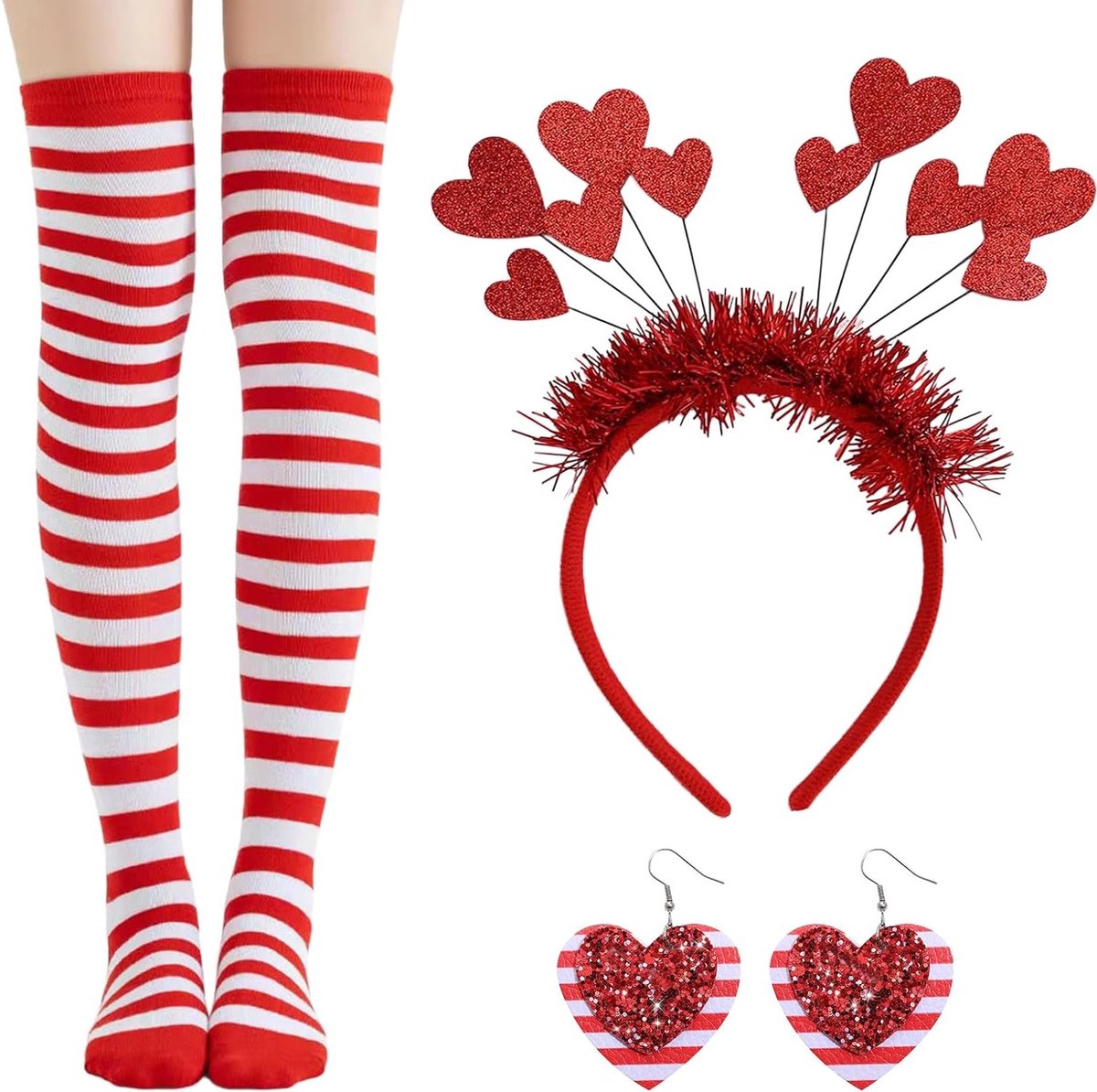 Carnaval kostuum set met hart haarwreath, sokken, hartbril en oorbellen voor dames in rood-wit voor een feestelijke uitstraling tijdens het Carnaval in Keulen