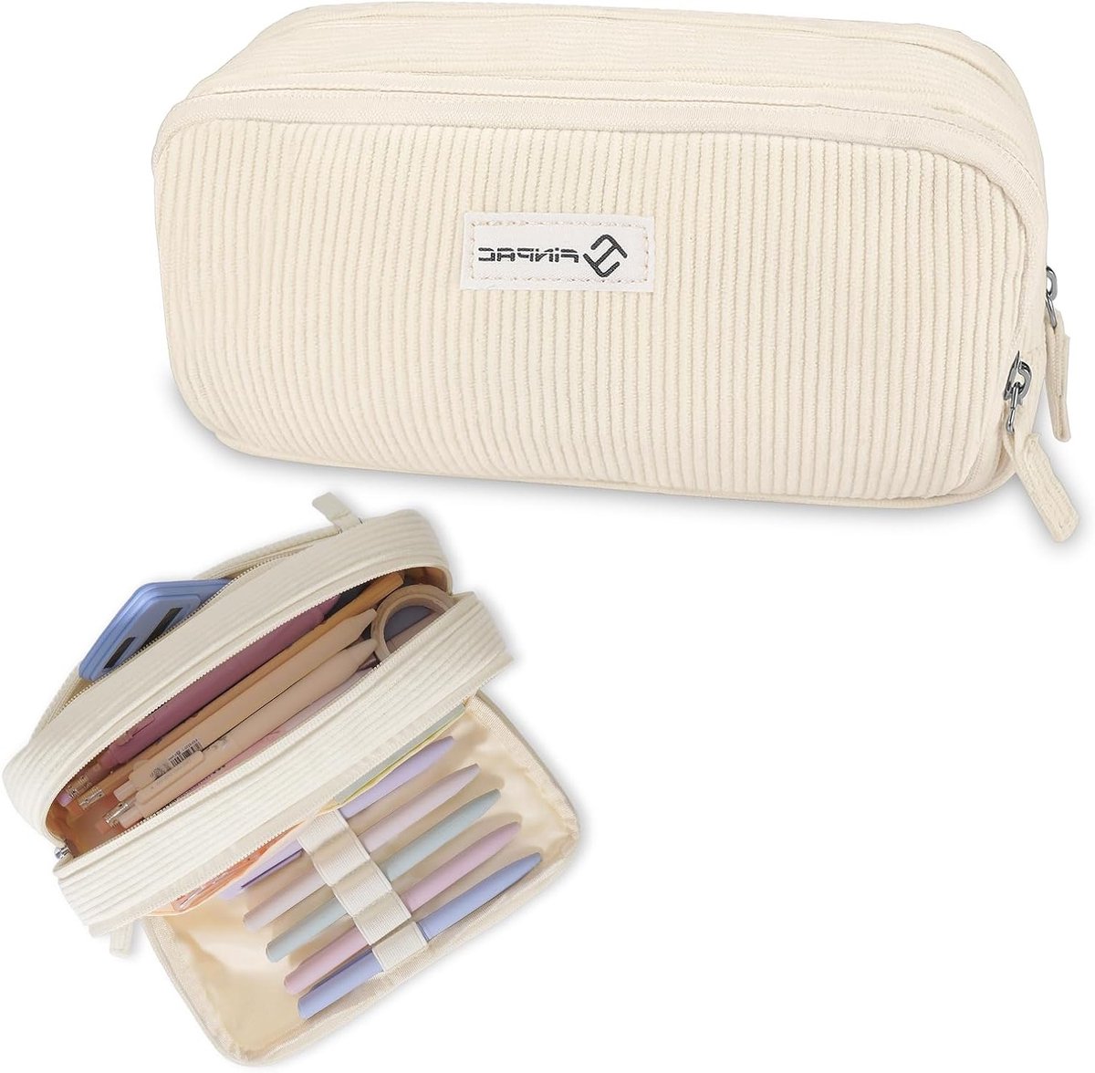 Pennenetui van Katoen met Grote Capaciteit en 3 Compartimenten voor School en Kantoor - Beige Organizer