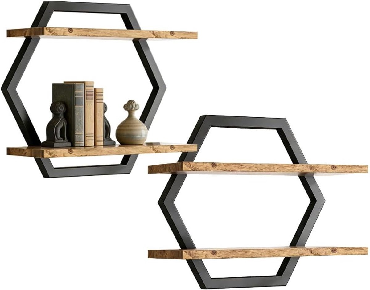 Set van 2 zwevende wandplanken van hout en metaal, decoratief hangrek voor woonkamer, slaapkamer en kantoor, rustiek bruin en zwart, ideaal voor opslag en decoratie