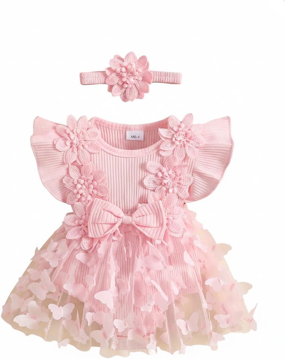 Schattige Ribbel Jurk voor Baby Meisjes met 3D Vlinder en Bijpassende Tulle Haarband voor Zomeractiviteiten