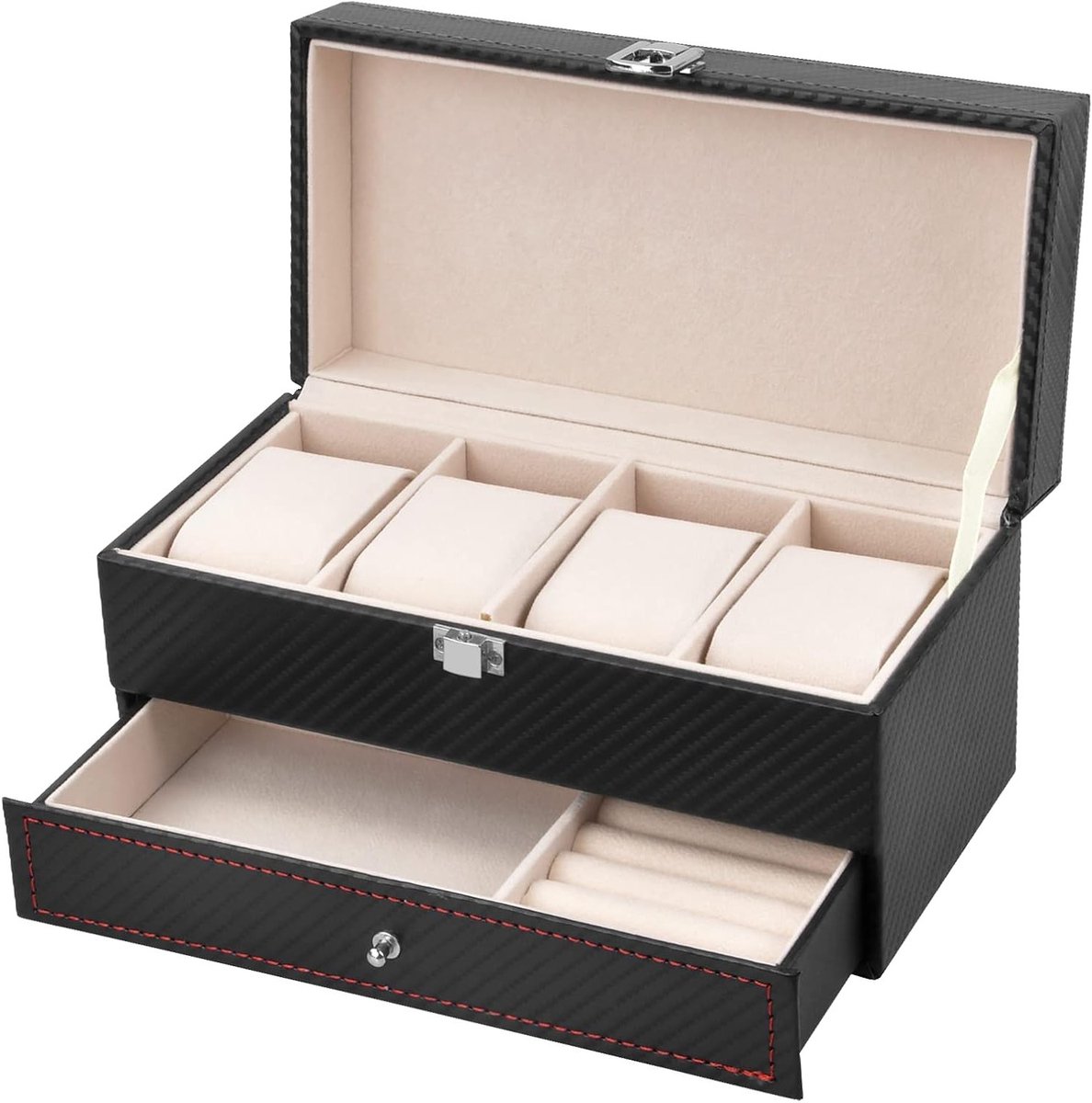 Elegante Horloge Box voor 4 Horloges en Sieradenopslag, Zwart Houten Opbergdoos voor Mannen en Vrouwen