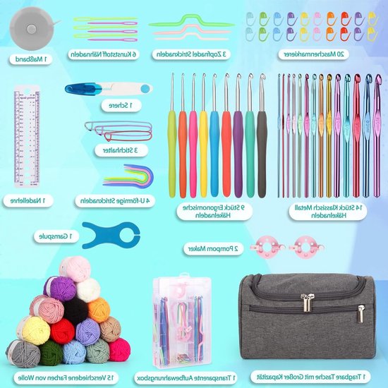 Complete Haakset voor Beginners met 15 Bollen Wol, Ergonomische Haaknaalden en Accessoires, Ideaal voor Creatieve Projecten en Handwerken in Lichtgrijs — afbeelding 5