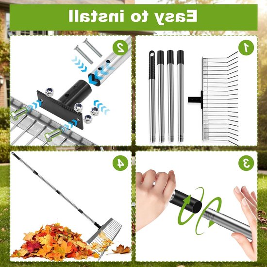 Verstelbare Bladhark 53-160 cm met 21 Tanden, Ergonomische Lange Handgreep voor Bladeren, Gras en Dennennaalden in de Tuin van Merkloos	 — afbeelding 4