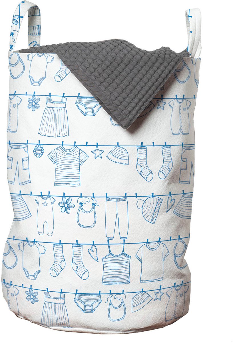 ABAKUHAUS kleuterschoolwaszak, babykleding drogen, wasmand met handvatten en trekkoord voor wasserettes, wit en blauw