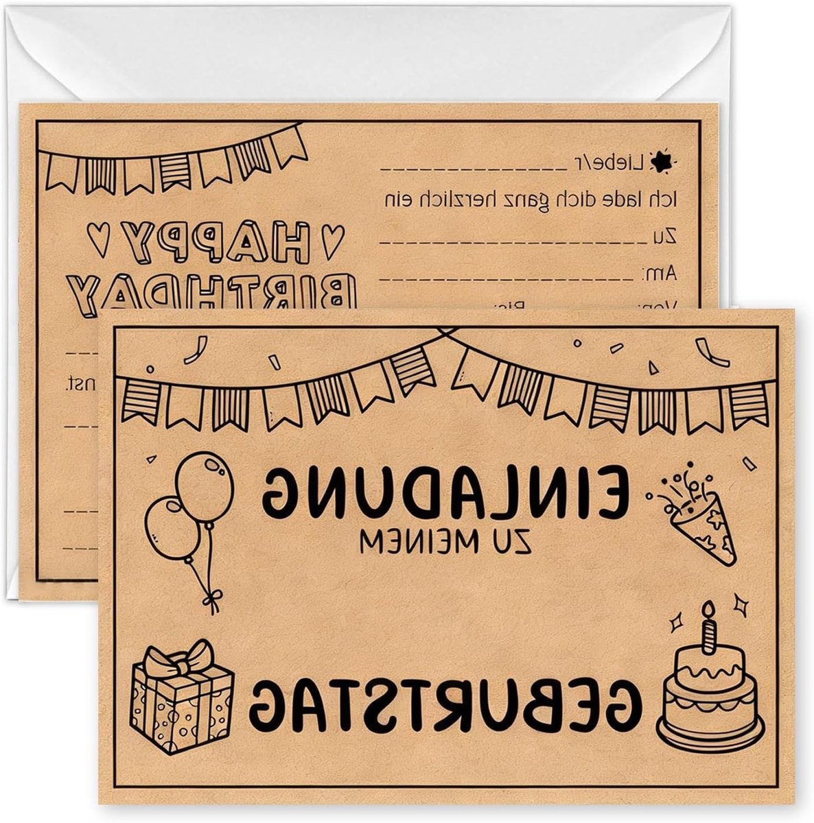 Set van 15 kraftpapier uitnodigingskaarten met enveloppen voor kinderverjaardag, feestuitnodigingen en creatieve ontwerpen, 14,8 x 10,5 cm
