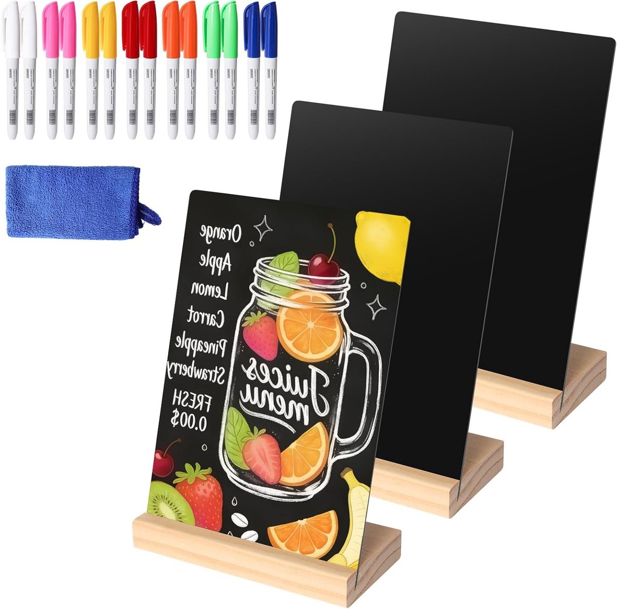 Mini Krijtbord Set van 3 Stuks 20 x 15 cm met Houten Basis, Prijskaartjes, 18 Stiften en Doek - Perfect voor Bar, Café, Verjaardag en Bruiloft