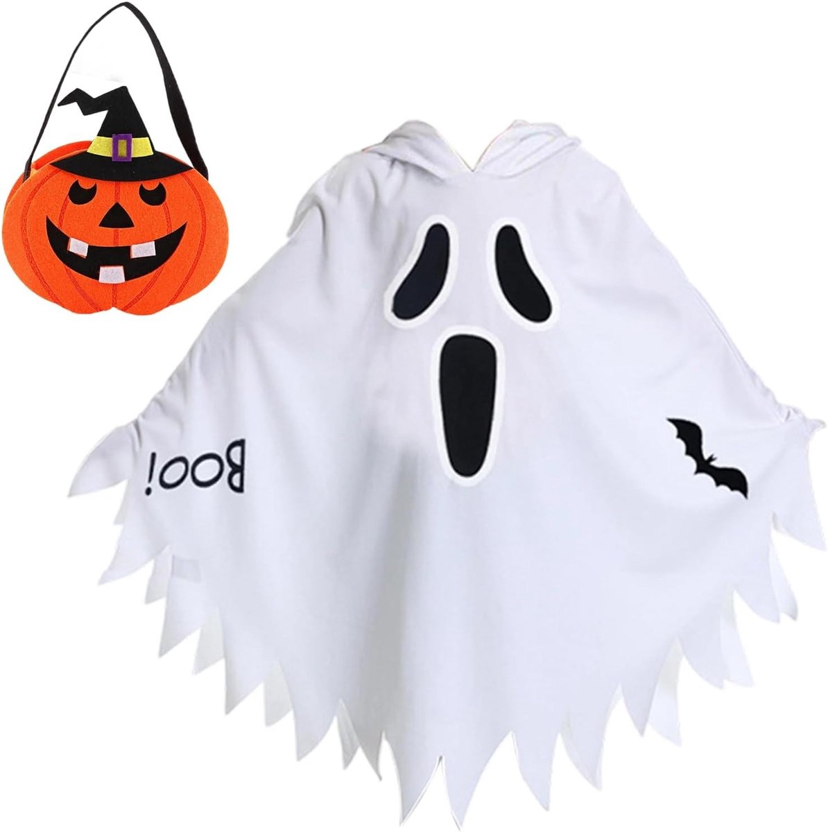 Halloween Kostuum voor Kinderen met Pompoentas - Wit en Oranje Set voor Feestjes en Verkleedpartijen