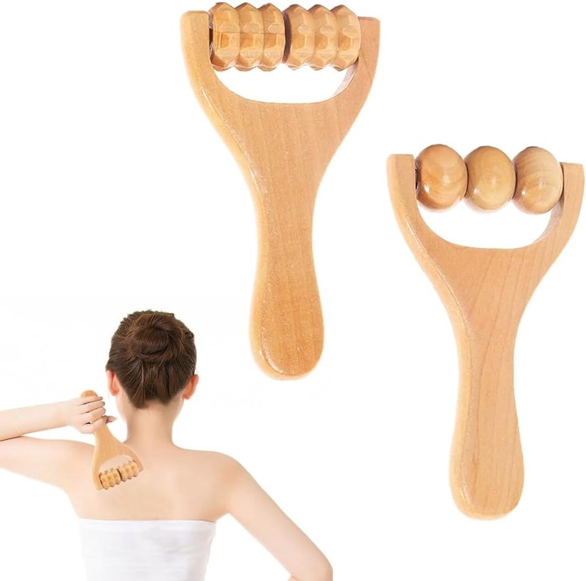 Houten massage roller met handvat, 2-delige set voor ontspanning van spieren in benen, armen en rug, ideaal voor mannen en vrouwen
