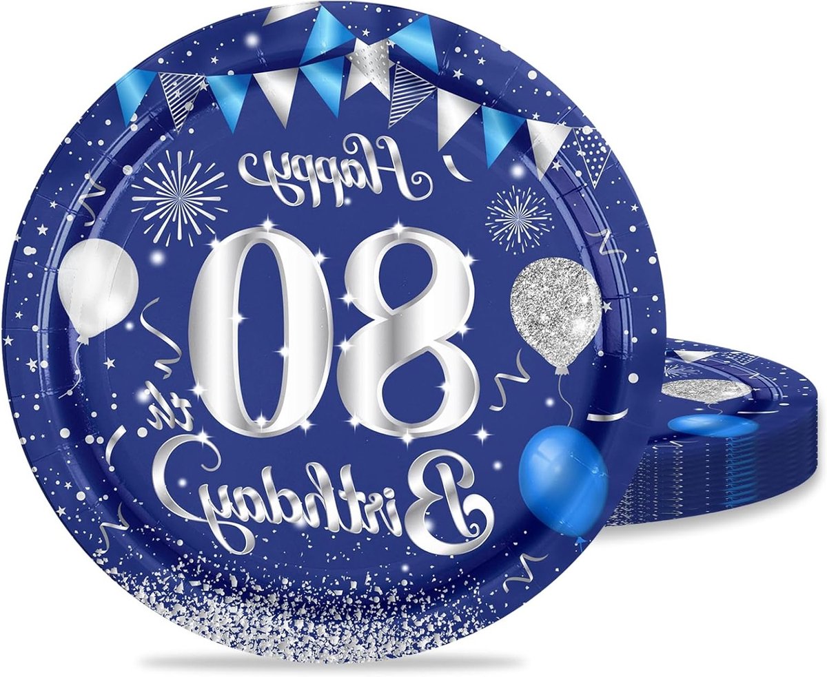 16-delige papieren dessertborden voor feesten en verjaardagen, 18 cm, blauw en zilver, tafeldecoratie voor mannen en vrouwen