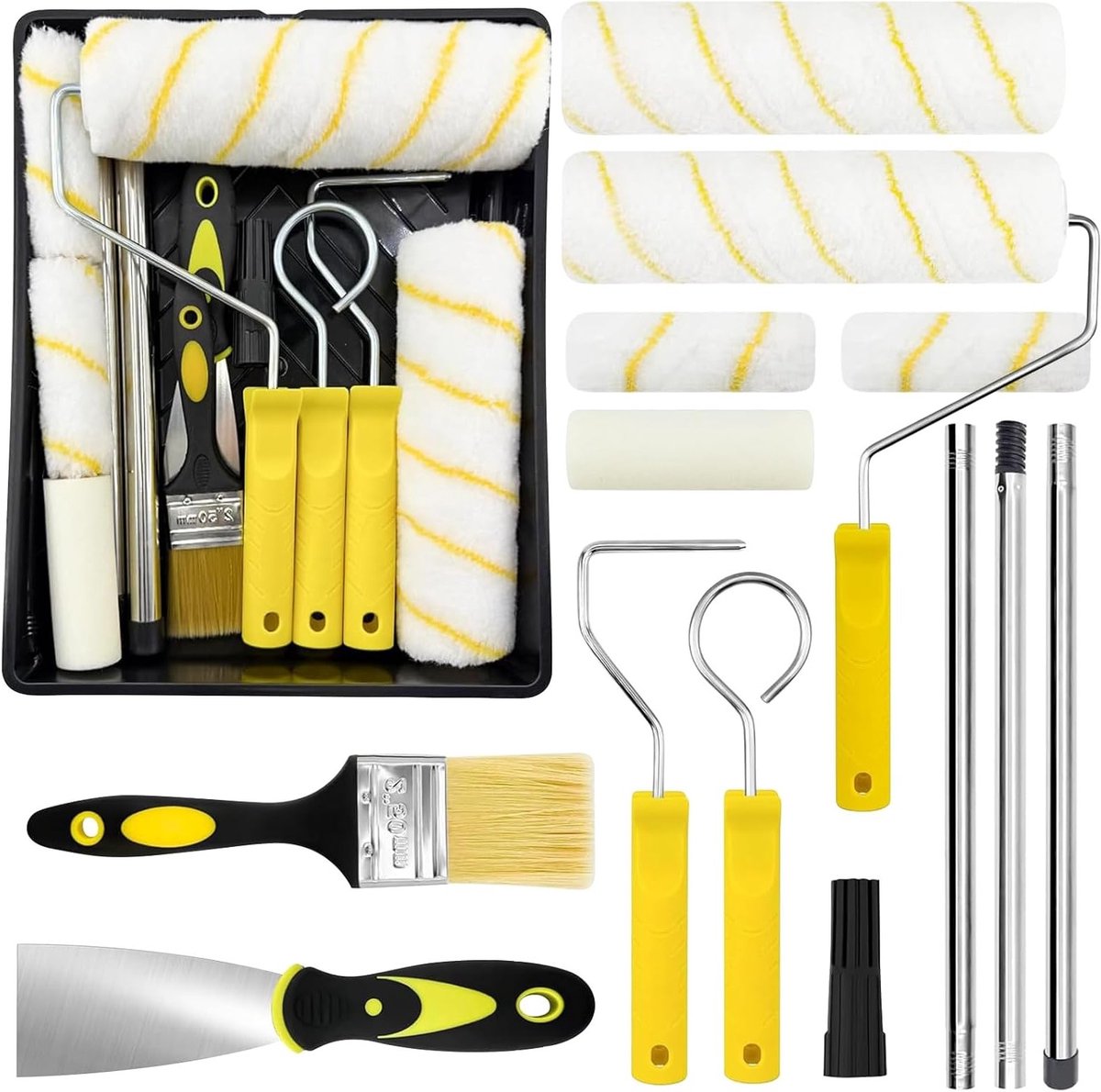 18-delige verfrollerset met telescoopstang – 23 cm + 11 cm schilderrollen, kwasten, schraper & verfbak – verfroller voor muur en plafond en schilderprojecten