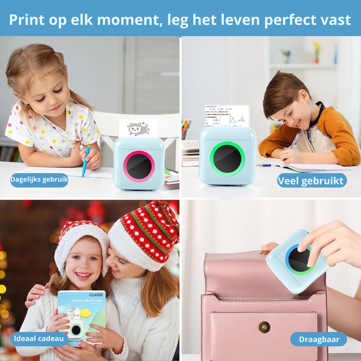 RUX® Mini Printer – Inclusief Thermisch/Zelfklevend/Etiket-Papier, USB-kabel, Aquarelpen, Transparant Sticke – Foto Printer Draadloos – Mobiele Fotoprinter - Blauw - 3cm x 8cm x 8cm thumbnail 5