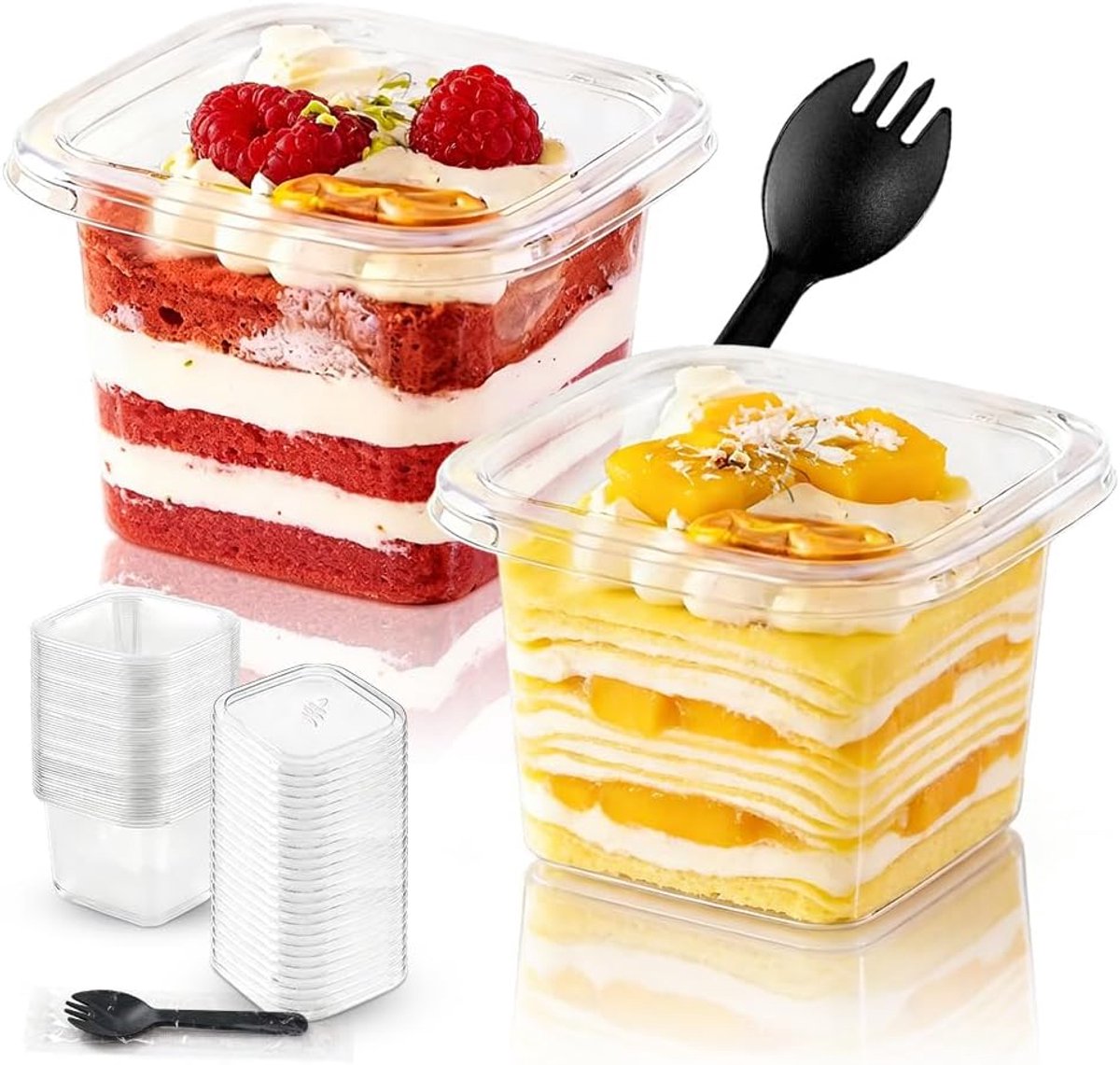JeiibrZui Homestyle Dessert - Vierkantige Dessertglazen Met Deksel - 360ml - 50 Stuks Inclusief Lepels - Transparant Voor Tiramisu En Feesten