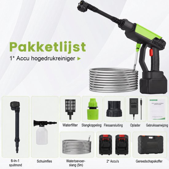Draadloze Hogedrukreiniger 45BAR - Met 2x 1500mAh Accu's & 6-in-1 Multifunctionele Mondstuk - 5M Slang met Filter - Krachtige 22000 RPM Motor - Voor Auto, Terras, Tuin, Hek & Zwembad - Inclusief Schuimlans en Draagtas van VorexTech — afbeelding 4