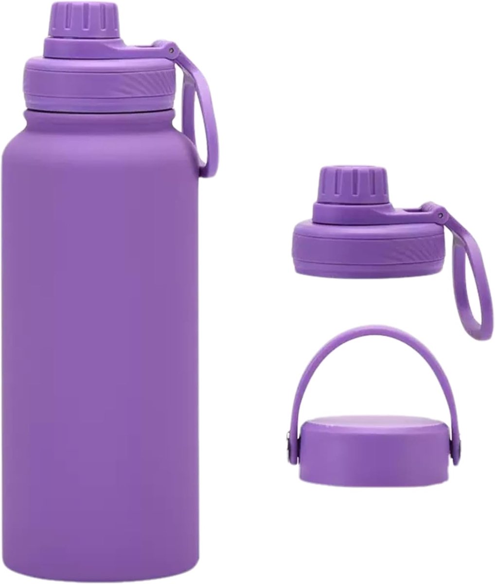 Oneay Geïsoleerde waterfles – grote roestvrijstalen drinkfles – 1 liter sport- en reisfles voor heren – lekvrij en thermisch geïsoleerd – inclusief 2 doppen – geschikt voor sportschool en wandelen - Paars