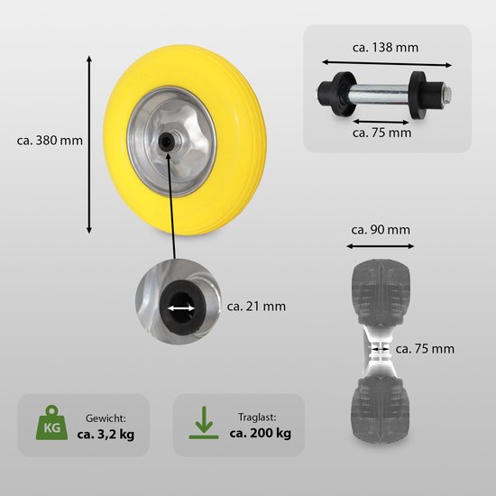 Kruiwagenwiel massief rubber 4.00-8 4.80 met as PU stalen velg 200 kg — afbeelding 2