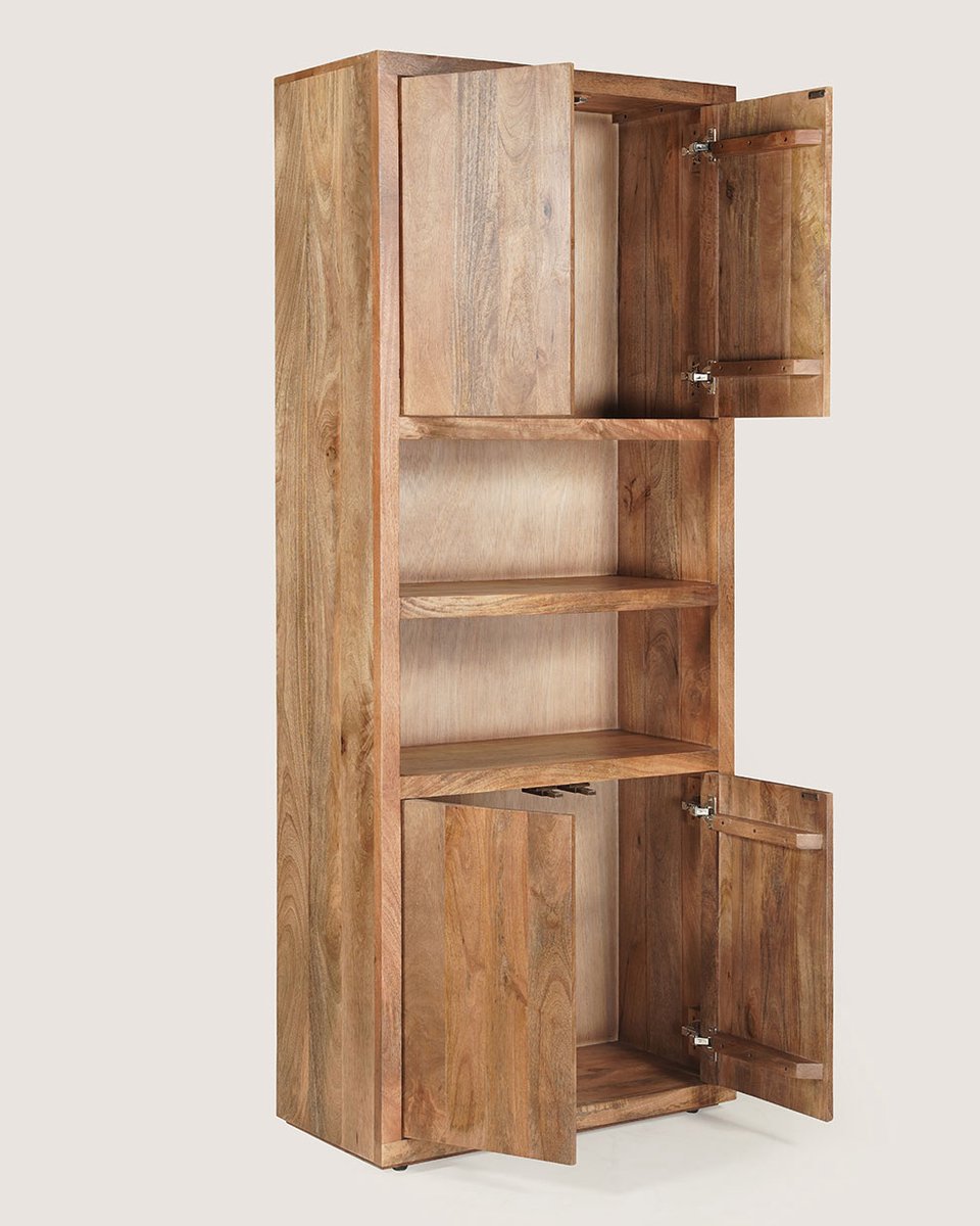 Boekenkast 80 cm Mangohout – 4 Deuren & 2 Vakken – Bruin – Landelijk