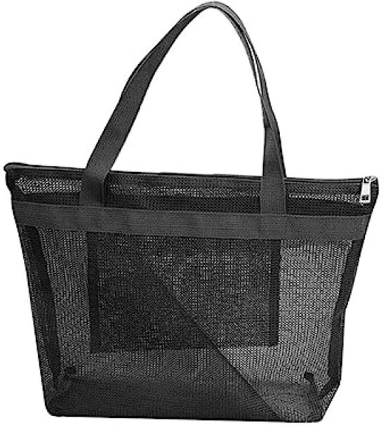 Zwarte mesh tas met handvatten, rits en vak aan de voorkant.