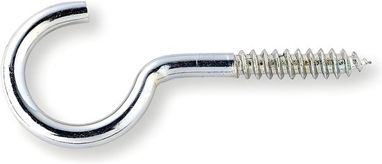 Een zilverkleurige schroefhaak met een gebogen uiteinde en scherpe schroefdraad.