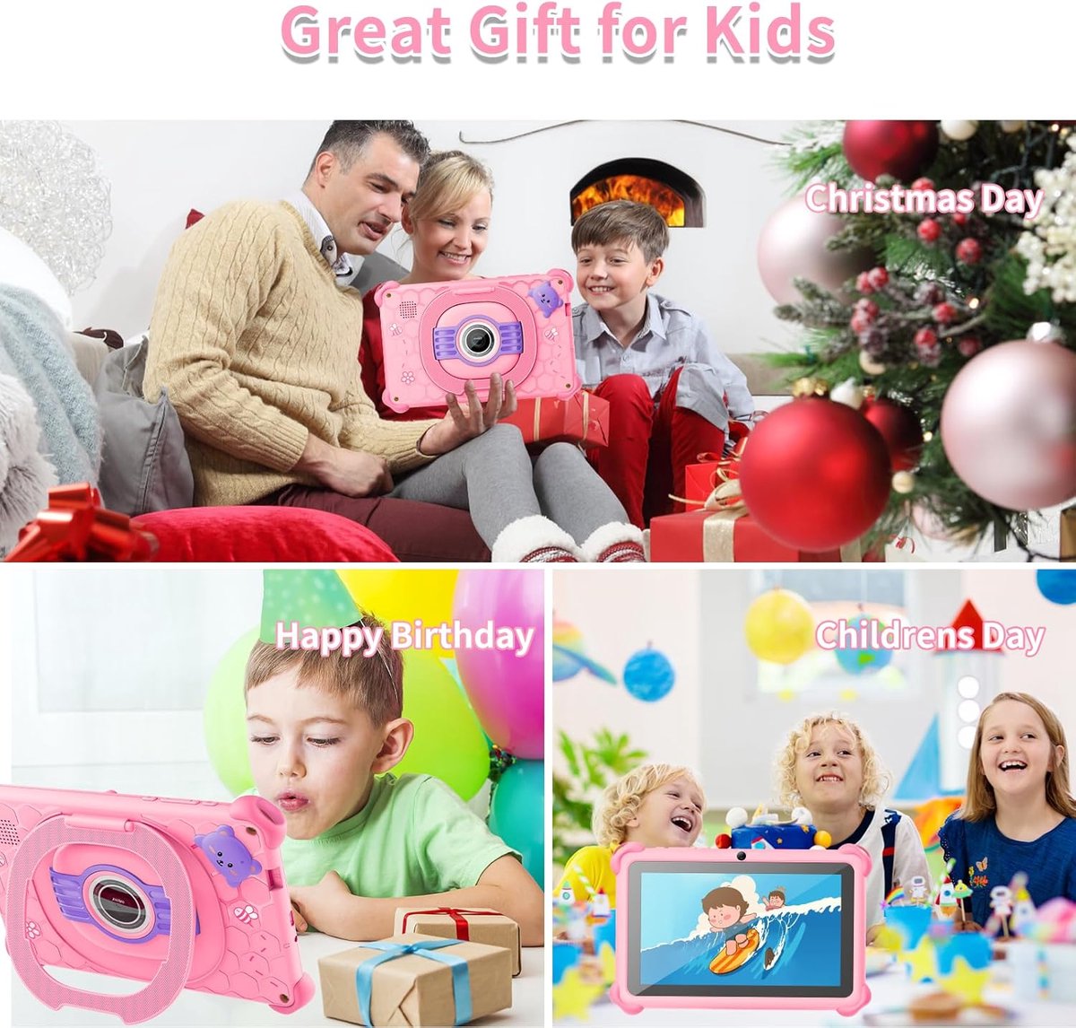 Kindertablet Android – 2GB RAM 32GB ROM – 256GB Uitbreidbaar – WiFi – Bluetooth – Type-C – Quad Core – Met Hoes – Roze