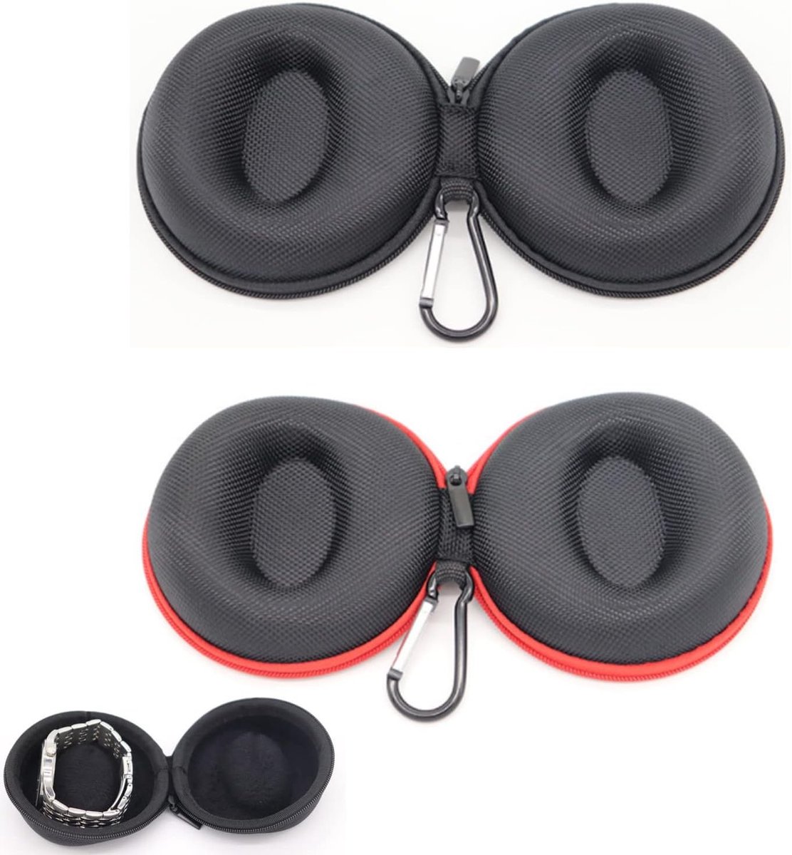 Ronde draagbare horloge doos, 2-delige set met kussens, karabijnhaak en spons, ideaal voor horloges en accessoires, zwart en rood