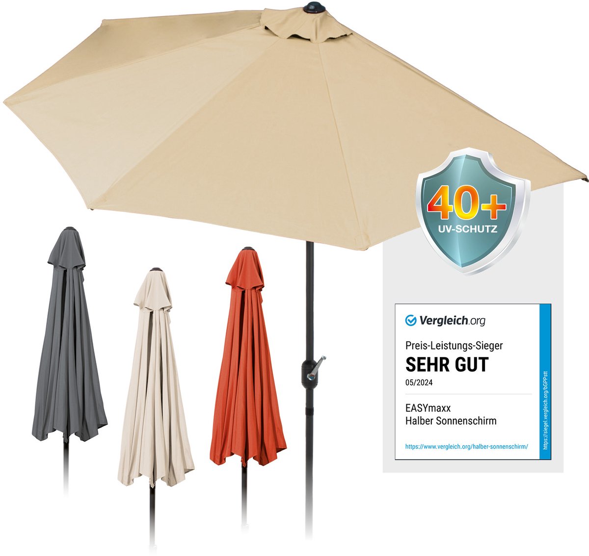 EASYmaxx halfronde parasol | 270 x 140 x 235 cm | voor balkon en terras | past perfect tegen muren | met handige slinger en UV-bescherming 40+ | zorgt voor schaduw