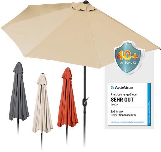 EASYmaxx halfronde parasol | 270 x 140 x 235 cm | voor balkon en terras | past perfect tegen muren | met handige slinger en UV-bescherming 40+ | zorgt voor schaduw