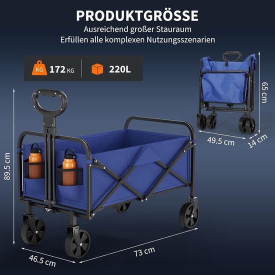Opvouwbare Bolderkar - Tot 172 kg Draagkracht - Strandkar met 360° Draaibare Brede Wielen - Voor Camping, Tuin, Festival & Strand - Blauw van Merkloos — afbeelding 4