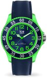 Blauw ICE WATCH horloge met marineblauwe band, wijzerplaat met groene cijfers en heldergroene bezel.