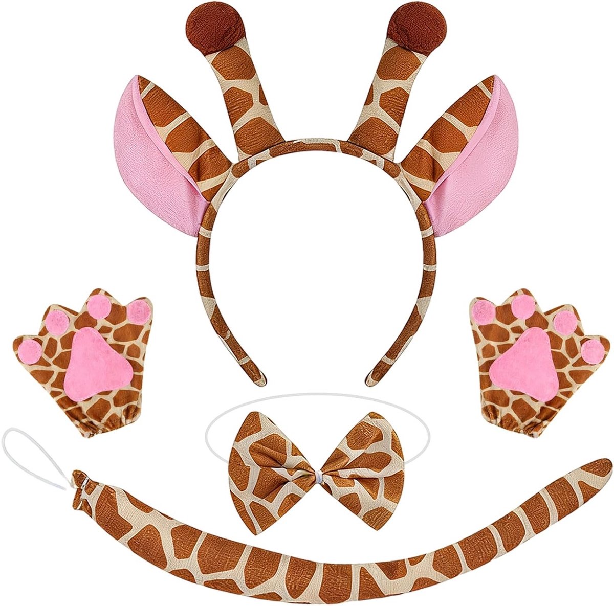 Giraffe Kostuum Set met Hoofdband, Strik, Staart en Handschoenen voor Safari Feest en Verkleedpartijen, Perfect voor Halloween en Wereld Boekendag