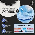 Close-up van zwarte insteekmat, met tekst 'In het laboratorium getest voor veiligheid' en logo's van Spiegel, Fit for Fun, Men's Health en Vergleich.org.