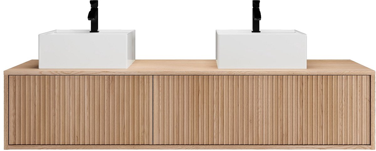 Vente-unique Gestreept zwevend badkamermeubel met dubbele waskom - Licht naturel - 150 cm - ARNEGA