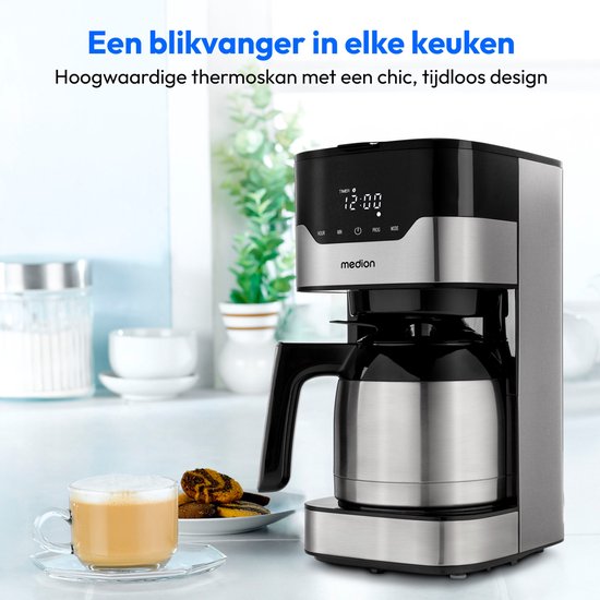 MEDION MD 18458 - Cafetière filtre programmable avec carafe isotherme - 900 Watt - 1,2 Litres - Argent