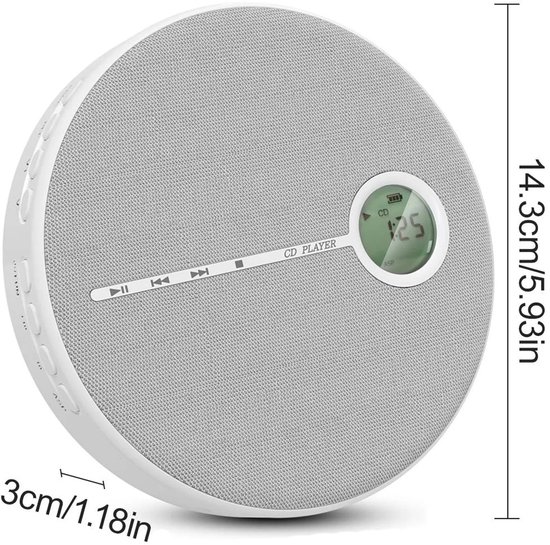 Draagbare cd-speler met luidspreker, Bluetooth, USB, AUX, oplaadbare 2000 mAh batterij, compact 14,3×3 cm