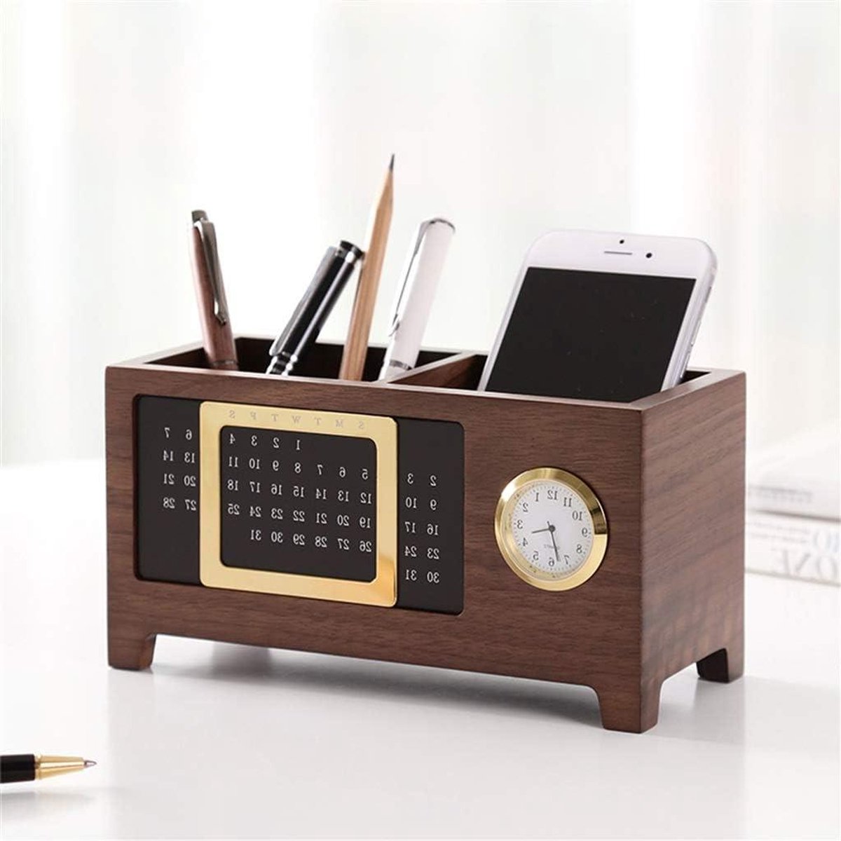 Bureau Organizer Houten - Pen Houder Kalender - Bureau Opruimen - Met Eeuwigdurende Kalender