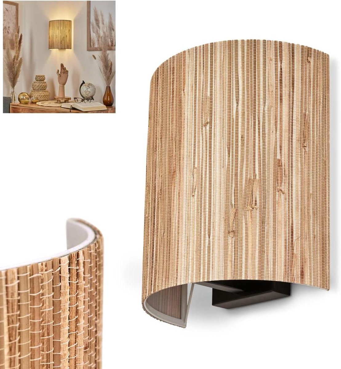 Wandlamp Bongal - Boho Lamp - Sfeerverlichting Creëren - Metalen Frame Wicker - 23 cm - Zwart Naturel