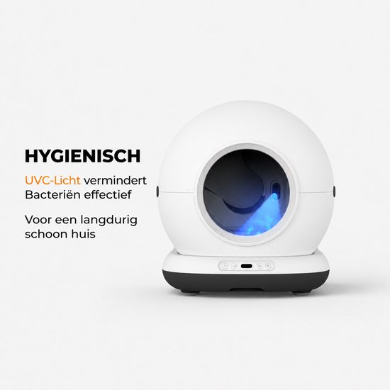 Witte, bolvormige kattenbak met een ronde opening. Blauw UVC-licht binnenin. Tekst: HYGIENISCH.