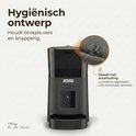 Zwarte automatische voerbak met "Hygiënisch ontwerp" en een detail van het deksel met draaisluiting.