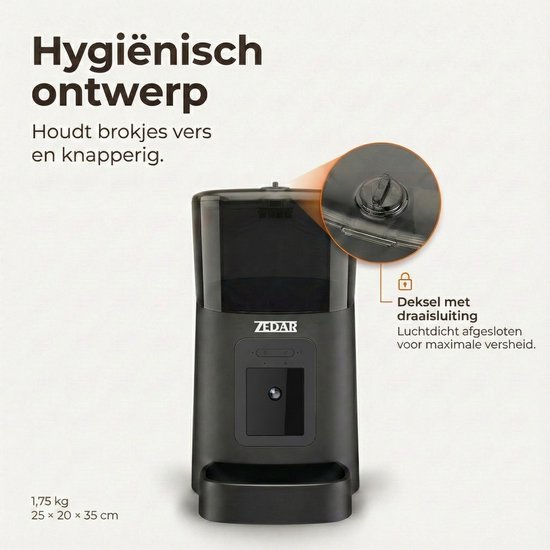 Zwarte automatische voerbak met "Hygiënisch ontwerp" en een detail van het deksel met draaisluiting.