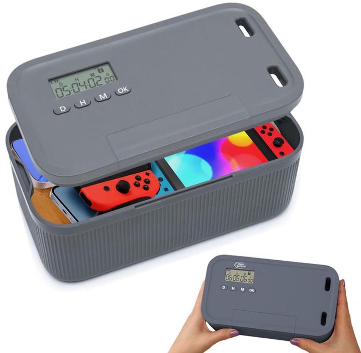 KZQ Opbergdoos met tijdslot - 2-in-1 slim slot - Digitale timerkluis - Maximale insteltijd 30 dagen - 23,9 × 13,1 × 9,6 cm - Geschikt voor het opbergen van medicijnen en elektronische apparaten - Grijs