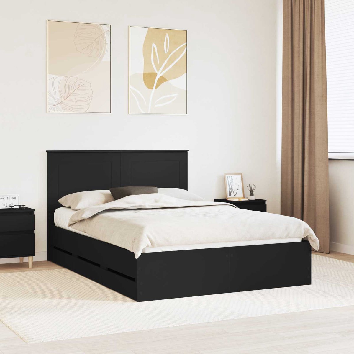 vidaXL Bedframe - met - lade - met - opslag - Zwart - 150 - x - 200 - cm - Ingenieurshout