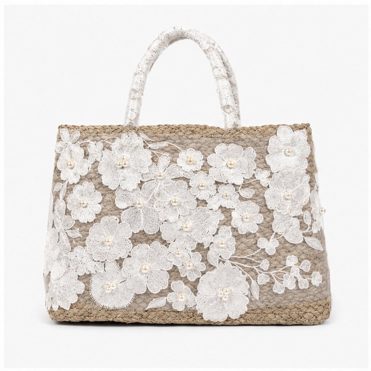 HS Grote Mand Handtas - Wit Bloemen Borduursel