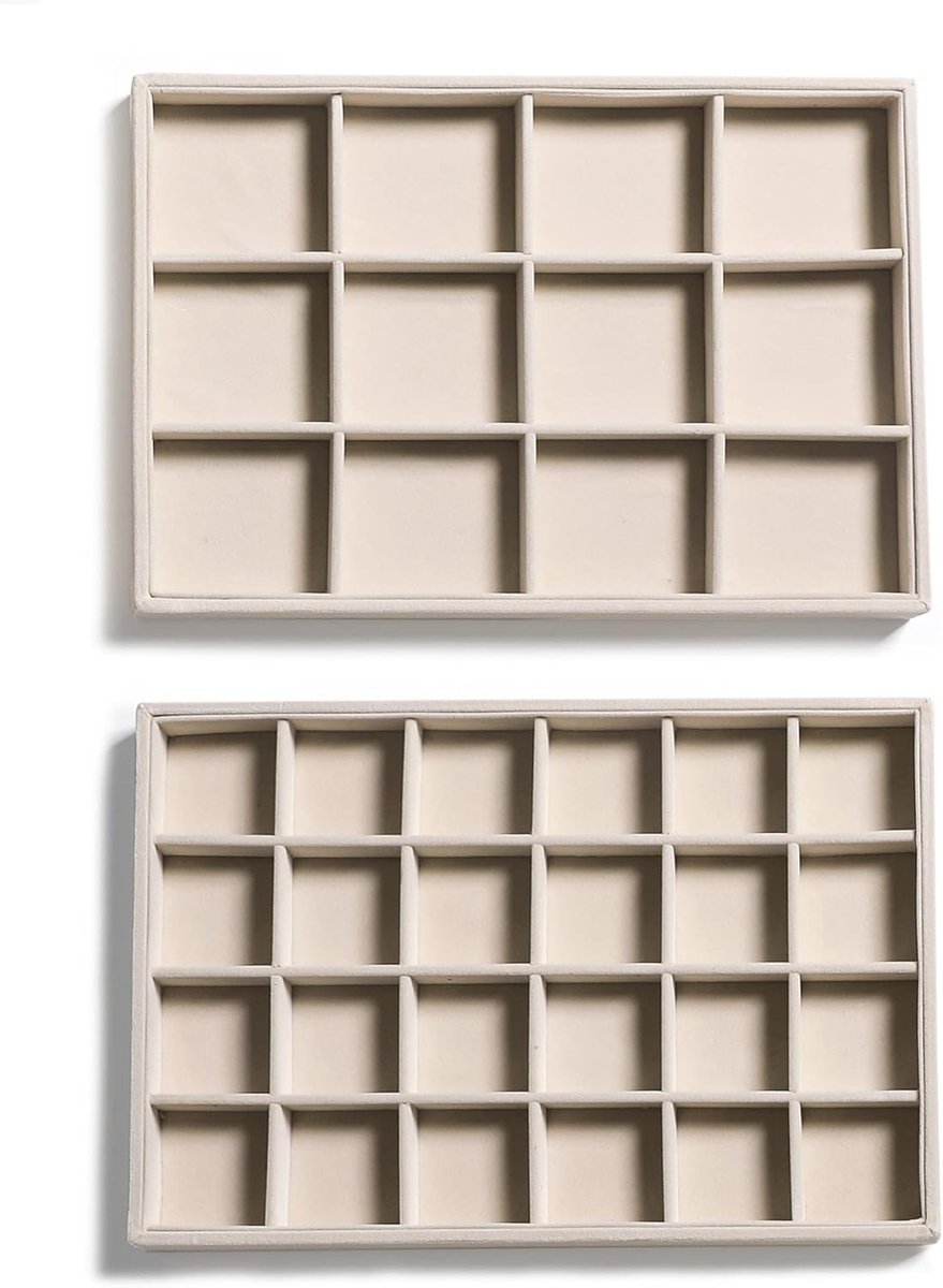 Famanu – Set van 2 sieraden dienbladen, beige, met 12 en 24 compartimenten voor het organiseren van sieraden