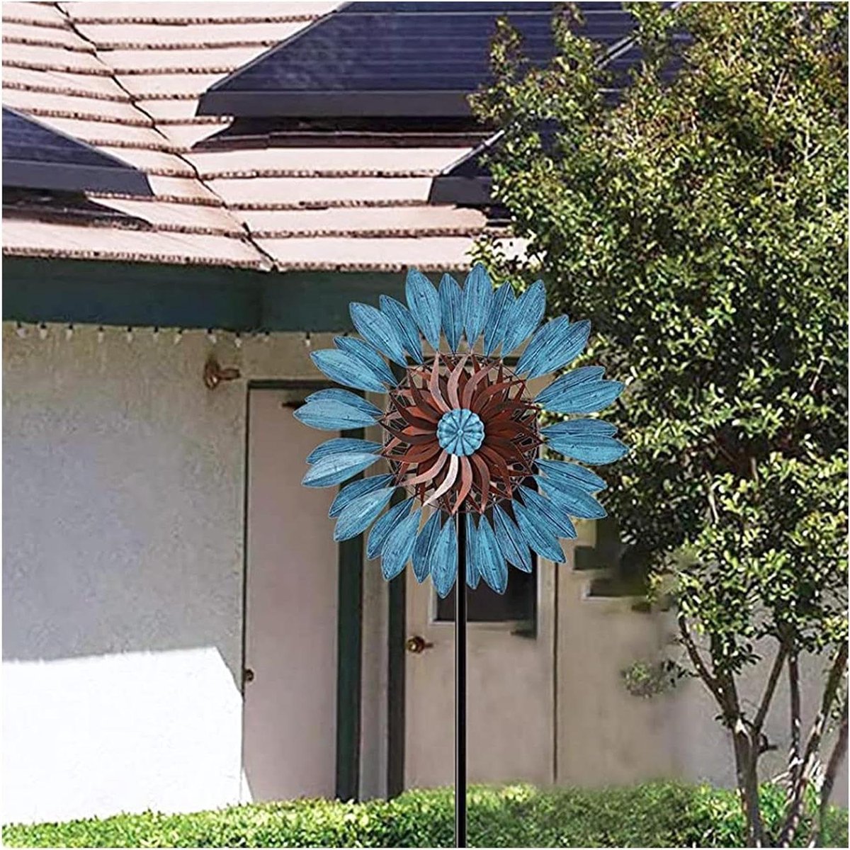 Windspinner Tuin - Windmolen Decoratie - Tuin Decoreren - Dubbele Rotoren - 84 Inch - Brons En Blauw