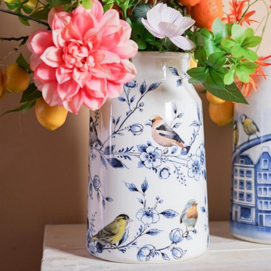 Melkbus vaas - Heinen Delfts Blauw - Bosvogels - Keramiek - Hoogte 30 cm.