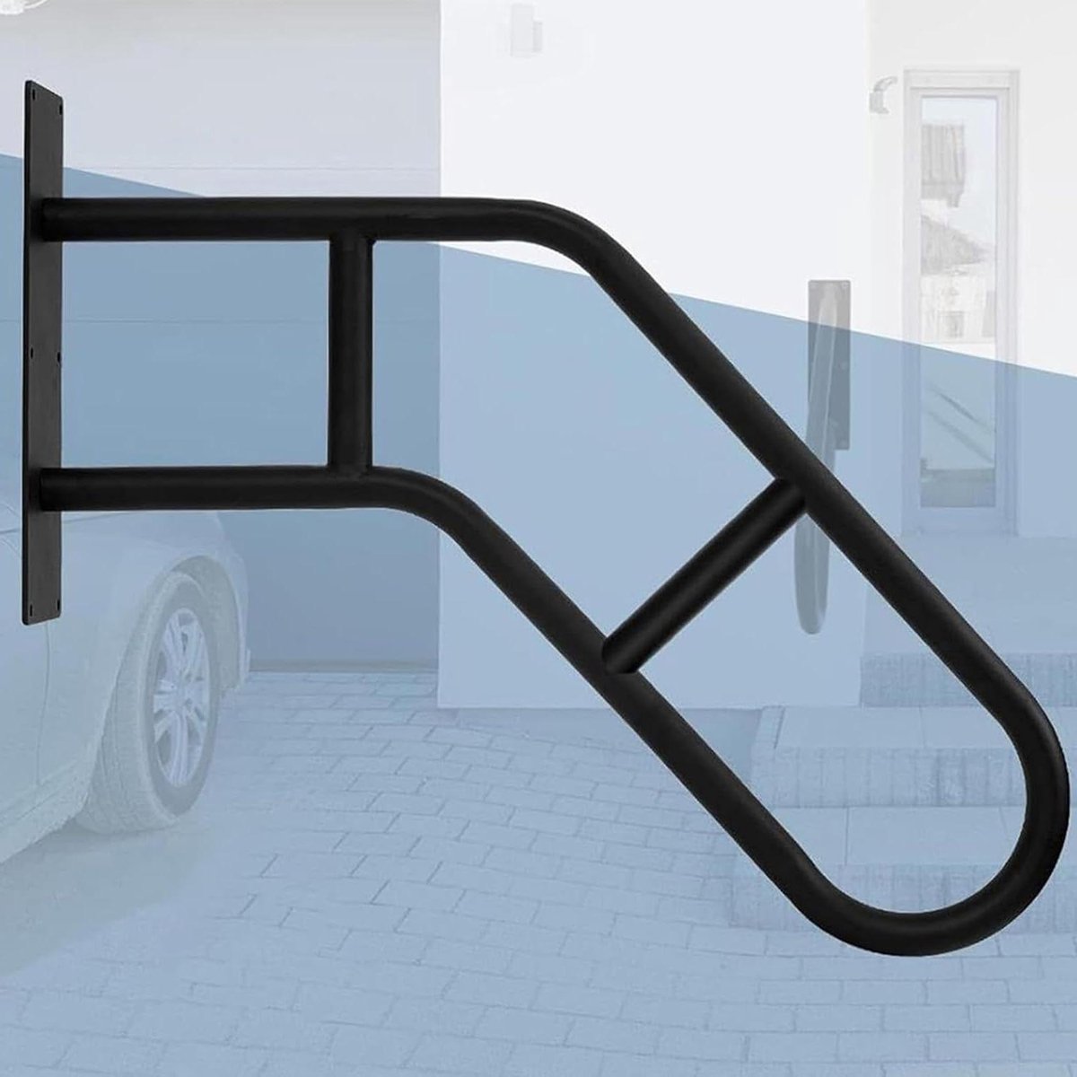 Zwarte trapleuningen voor buitentrappen, aan de muur bevestigde trapleuning met 2 antislip dwarsbalken voor trappen, garage, veranda, tuin en badkamer.