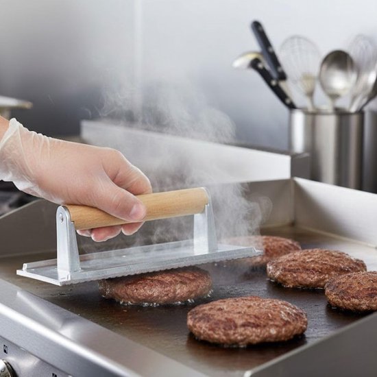 Steak Gewicht - Burger Press - Gelijkmatig Grillen - Houten Handvat - 20x10 cm - Aluminium — afbeelding 2