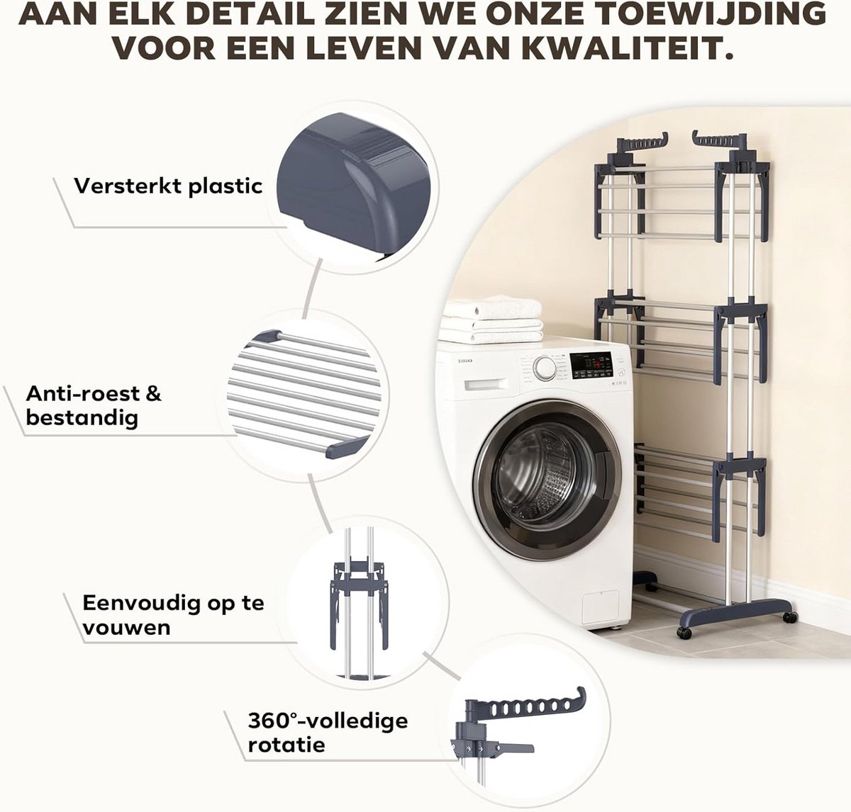Was Toren - Droogrek met Wielen - Kleding Drogen - 4 Lagen 6 Vleugels - 76x50x172cm - Grijs thumbnail 6
