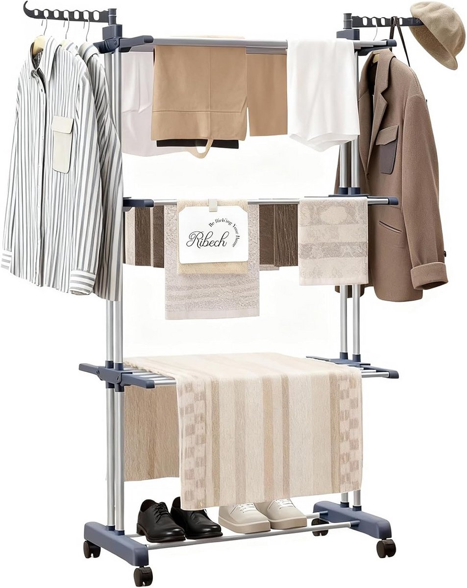 Was Toren - Droogrek met Wielen - Kleding Drogen - 4 Lagen 6 Vleugels - 76x50x172cm - Grijs