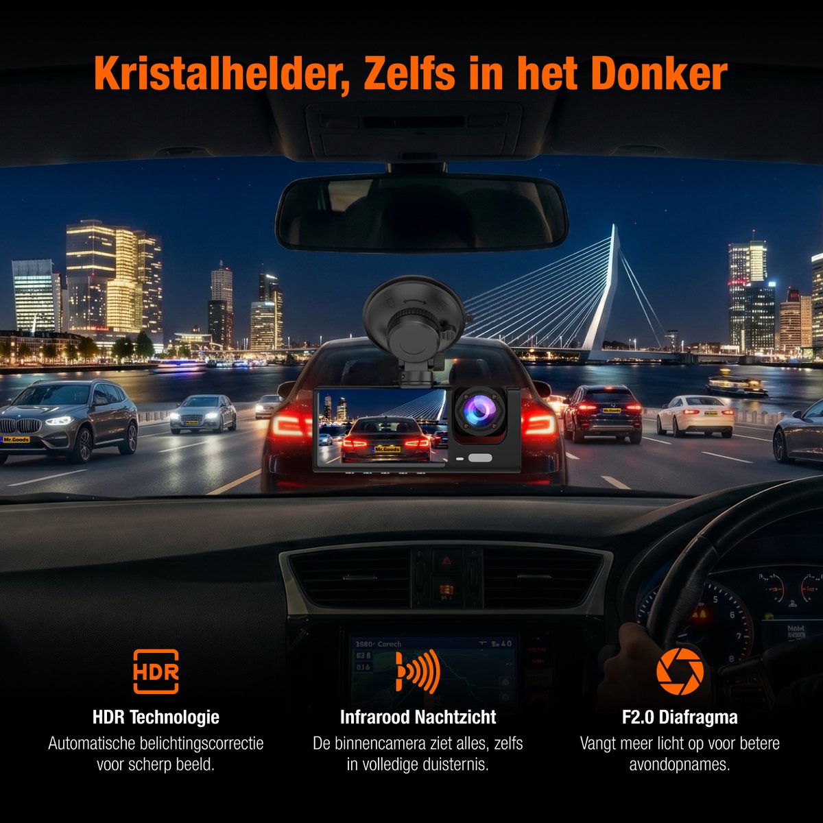 MrGoods Dashcam Auto - Triple Lens Dashcam Voor Achter Binnen Camera - Wifi - 1080P Full HD - Nachtzicht - G-Sensor - Parkeermodus - Looprecording – foto 2